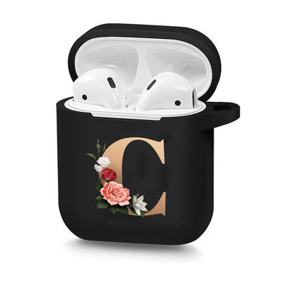 Husă drăguță florală aurie cu literă inițială cu alfabet pentru AirPods 2 1 3 Pro cutie pentru căști Bluetooth fără fir din silicon negru Husă mat