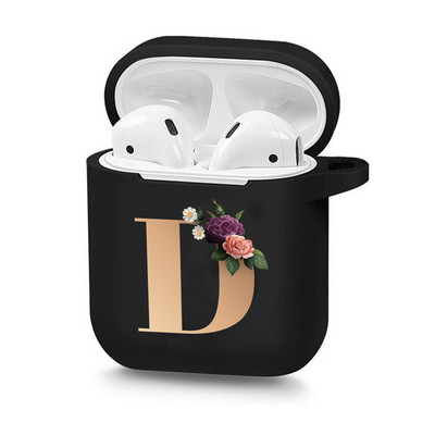 Husă drăguță florală aurie cu literă inițială cu alfabet pentru AirPods 2 1 3 Pro cutie pentru căști Bluetooth fără fir din silicon negru Husă mat