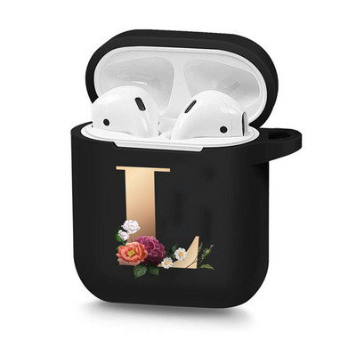 Husă drăguță florală aurie cu literă inițială cu alfabet pentru AirPods 2 1 3 Pro cutie pentru căști Bluetooth fără fir din silicon negru Husă mat