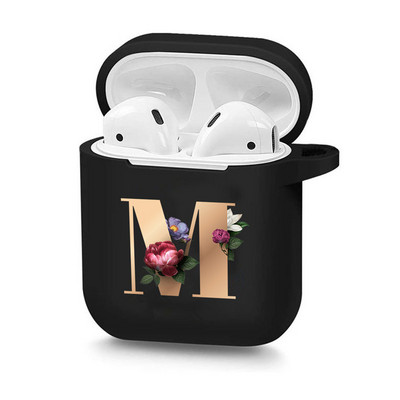 Husă drăguță florală aurie cu literă inițială cu alfabet pentru AirPods 2 1 3 Pro cutie pentru căști Bluetooth fără fir din silicon negru Husă mat