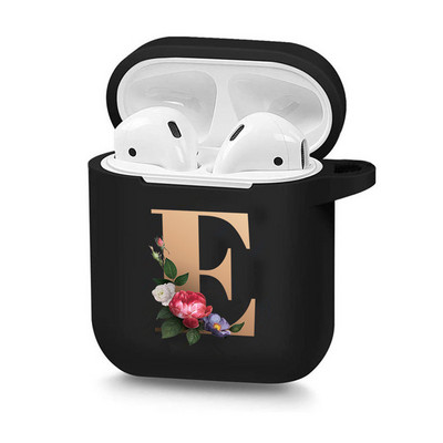Husă drăguță florală aurie cu literă inițială cu alfabet pentru AirPods 2 1 3 Pro cutie pentru căști Bluetooth fără fir din silicon negru Husă mat