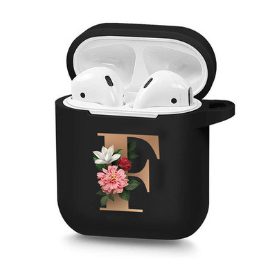 Husă drăguță florală aurie cu literă inițială cu alfabet pentru AirPods 2 1 3 Pro cutie pentru căști Bluetooth fără fir din silicon negru Husă mat