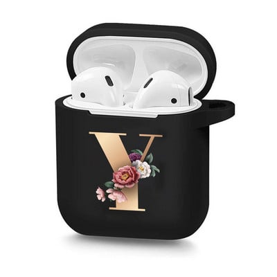 Husă drăguță florală aurie cu literă inițială cu alfabet pentru AirPods 2 1 3 Pro cutie pentru căști Bluetooth fără fir din silicon negru Husă mat