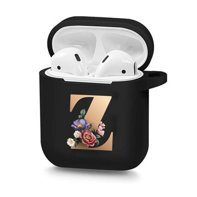 Husă drăguță florală aurie cu literă inițială cu alfabet pentru AirPods 2 1 3 Pro cutie pentru căști Bluetooth fără fir din silicon negru Husă mat