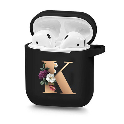 Husă drăguță florală aurie cu literă inițială cu alfabet pentru AirPods 2 1 3 Pro cutie pentru căști Bluetooth fără fir din silicon negru Husă mat