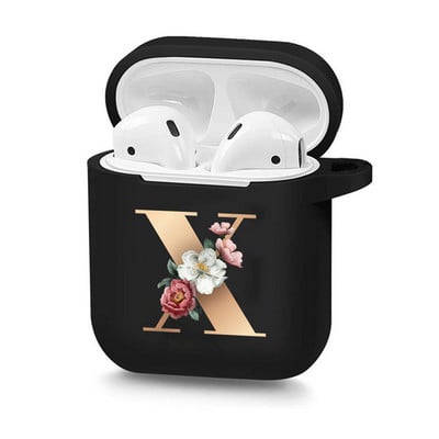 Husă drăguță florală aurie cu literă inițială cu alfabet pentru AirPods 2 1 3 Pro cutie pentru căști Bluetooth fără fir din silicon negru Husă mat