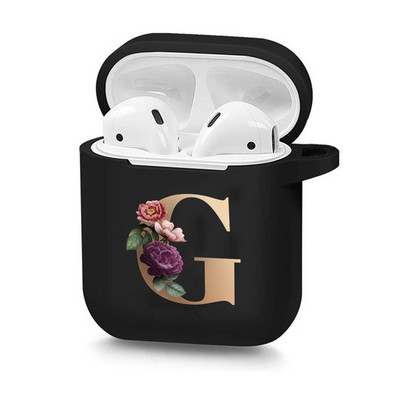 Husă drăguță florală aurie cu literă inițială cu alfabet pentru AirPods 2 1 3 Pro cutie pentru căști Bluetooth fără fir din silicon negru Husă mat
