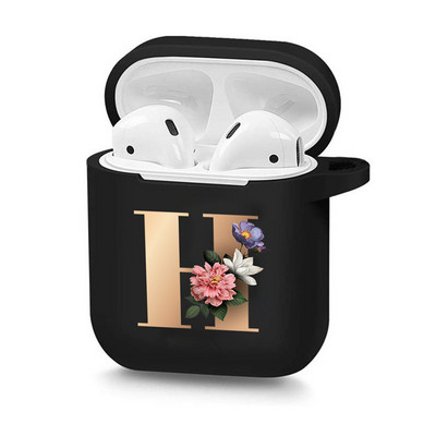 Husă drăguță florală aurie cu literă inițială cu alfabet pentru AirPods 2 1 3 Pro cutie pentru căști Bluetooth fără fir din silicon negru Husă mat