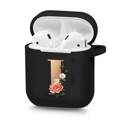 Husă drăguță florală aurie cu literă inițială cu alfabet pentru AirPods 2 1 3 Pro cutie pentru căști Bluetooth fără fir din silicon negru Husă mat