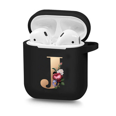Husă drăguță florală aurie cu literă inițială cu alfabet pentru AirPods 2 1 3 Pro cutie pentru căști Bluetooth fără fir din silicon negru Husă mat