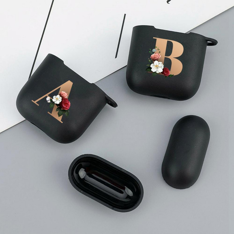 Husă drăguță florală aurie cu literă inițială cu alfabet pentru AirPods 2 1 3 Pro cutie pentru căști Bluetooth fără fir din silicon negru Husă mat