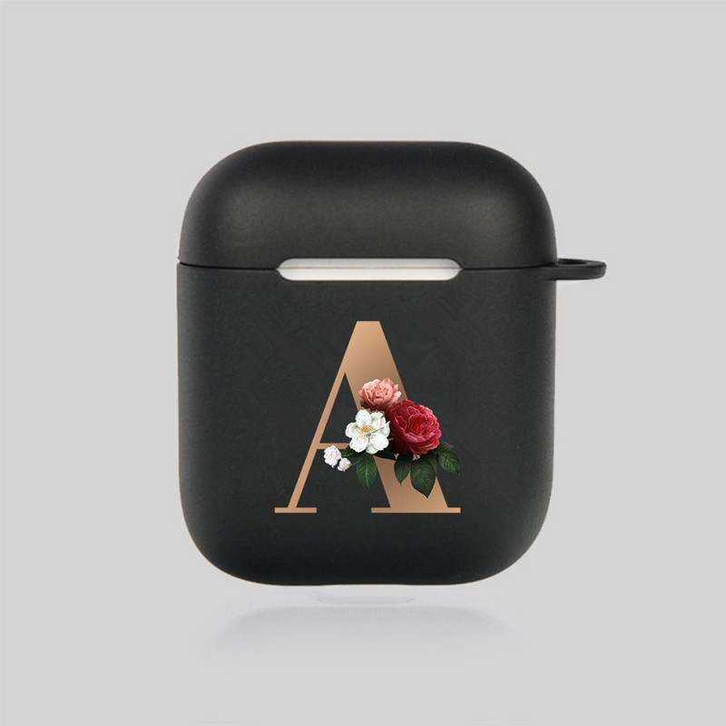 Husă drăguță florală aurie cu literă inițială cu alfabet pentru AirPods 2 1 3 Pro cutie pentru căști Bluetooth fără fir din silicon negru Husă mat