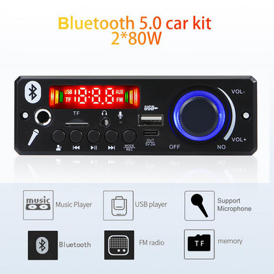 Amplificator 80W Placă de decodor MP3 DIY 12V 160W Player muzical Bluetooth Auto Modul radio FM Microfon TF USB Mâini libere Înregistrare apel