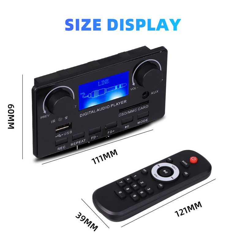 LCD Dalszöveg Kijelző Bluetooth 5.0 MP3 dekóder kártya támogatás Kihangosító felvétel FM DC 12V MP3 WMA WAV APE FLAC audiolejátszó