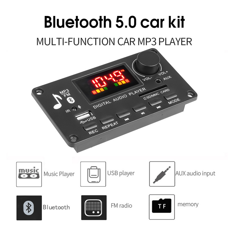 80W erősítő MP3 dekóder tábla 12V 2*40W Bluetooth 5.0 autós FM rádió modul 5V-26V hívásfelvétel MP3 lejátszó támogatás TF USB AUX WAV