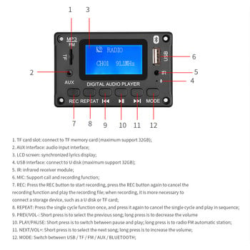 DC 5V 12V MP3 Board Decoder Bluetooth Car MP3 Player Μονάδα εγγραφής USB Ραδιόφωνο FM AUX με οθόνη στίχων για ηχείο Handsfree