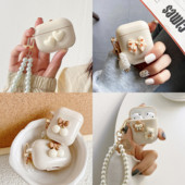 Husă drăguță, retro, bej, pentru Apple AirPods 1 2, a treia generație, husă Bear Cherry pentru AirPods Pro Husă, breloc, șnur, husă de lux