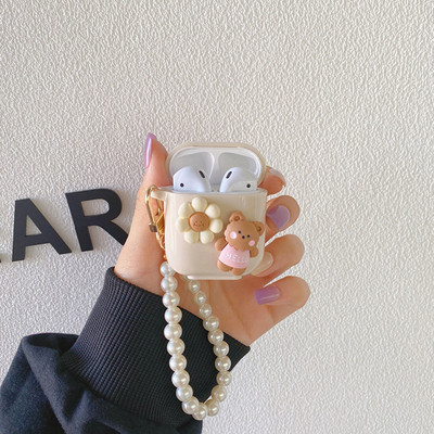 Husă drăguță, retro, bej, pentru Apple AirPods 1 2, a treia generație, husă Bear Cherry pentru AirPods Pro Husă, breloc, șnur, husă de lux