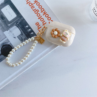 Husă drăguță, retro, bej, pentru Apple AirPods 1 2, a treia generație, husă Bear Cherry pentru AirPods Pro Husă, breloc, șnur, husă de lux