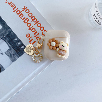 Husă drăguță, retro, bej, pentru Apple AirPods 1 2, a treia generație, husă Bear Cherry pentru AirPods Pro Husă, breloc, șnur, husă de lux