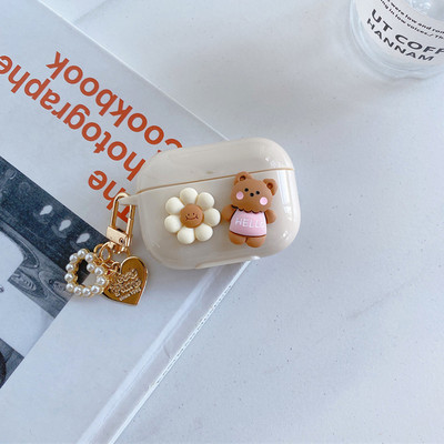 Husă drăguță, retro, bej, pentru Apple AirPods 1 2, a treia generație, husă Bear Cherry pentru AirPods Pro Husă, breloc, șnur, husă de lux