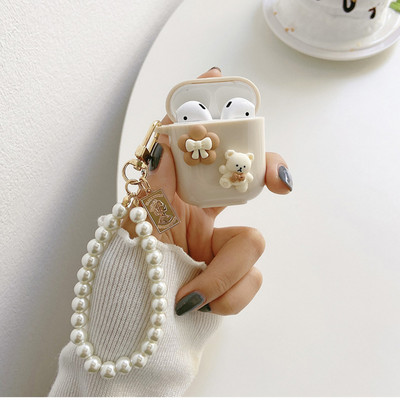 Husă drăguță, retro, bej, pentru Apple AirPods 1 2, a treia generație, husă Bear Cherry pentru AirPods Pro Husă, breloc, șnur, husă de lux