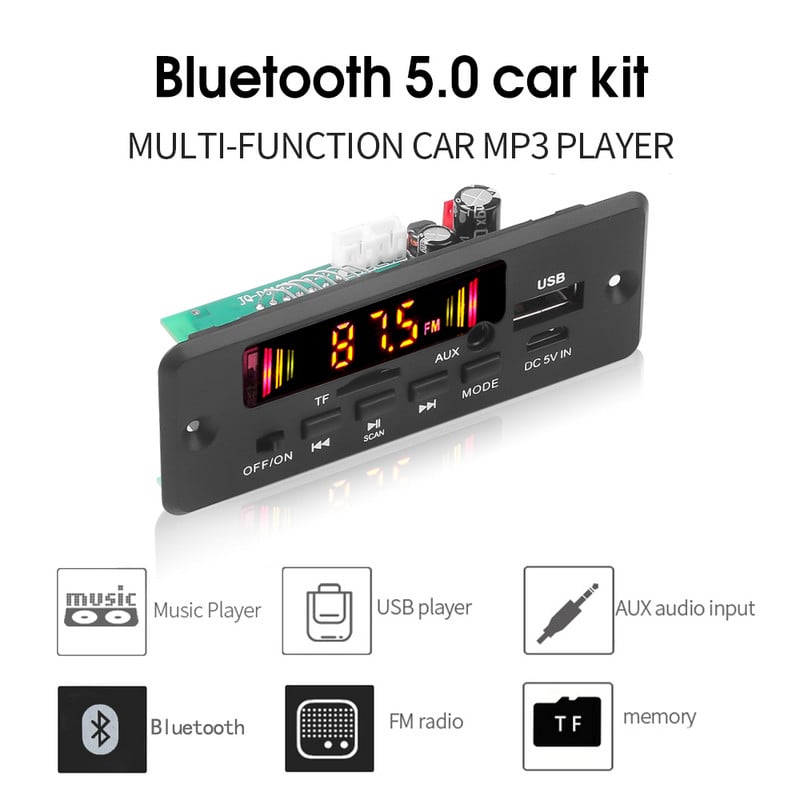 Bluetooth 5.0 Автомобилно радио MP3 плейър Декодерна платка DC 5V 12V 32V Handsfree Поддръжка Запис FM TF SD карта AUX 2 x 3W усилвател