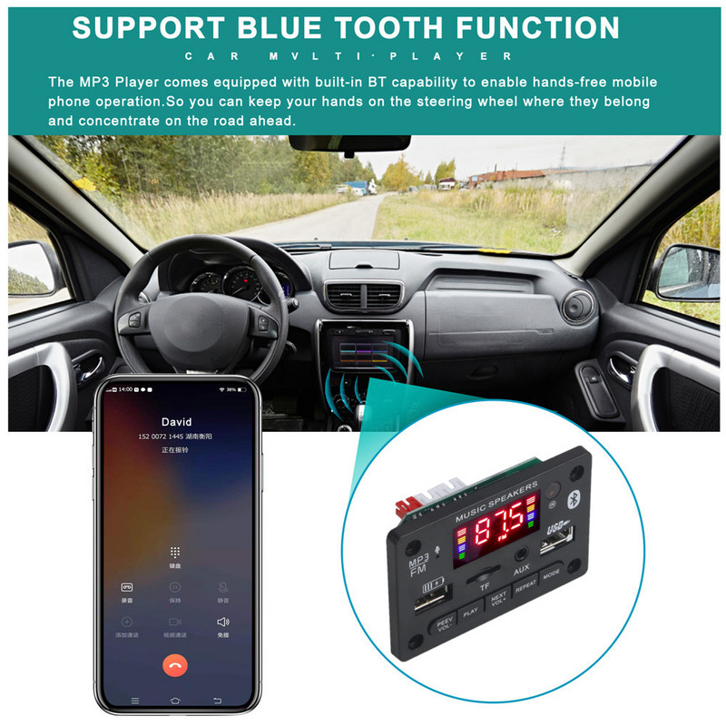 ARuiMei mikrofon kihangosító 6v-12v Bluetooth5.0 MP3 dekódoló tábla modul vezeték nélküli autós USB MP3 lejátszó TF kártyahely / USB / FM