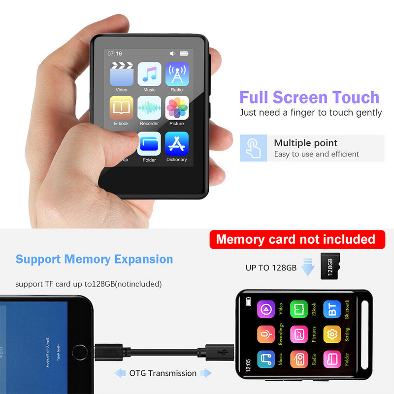 Cel mai nou 2022 Bluetooth 5.0 Metal MP3 Player Ecran tactil complet Difuzor încorporat cu E-book Radio FM Înregistrare Video Player MP4