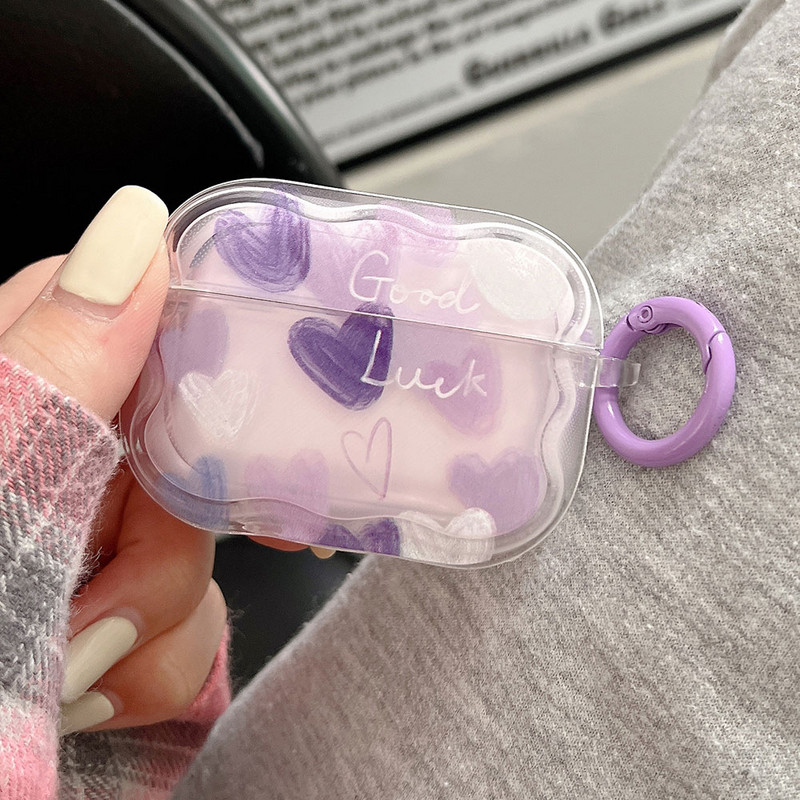 Graffiti Love Heart Pink Purpurinis ausinių dėklas, skirtas AirPods Pro 2 3 dėklas, skirtas AirPod Pro2 Minkštas TPU apsauginis dangtelis su raktų pakabu