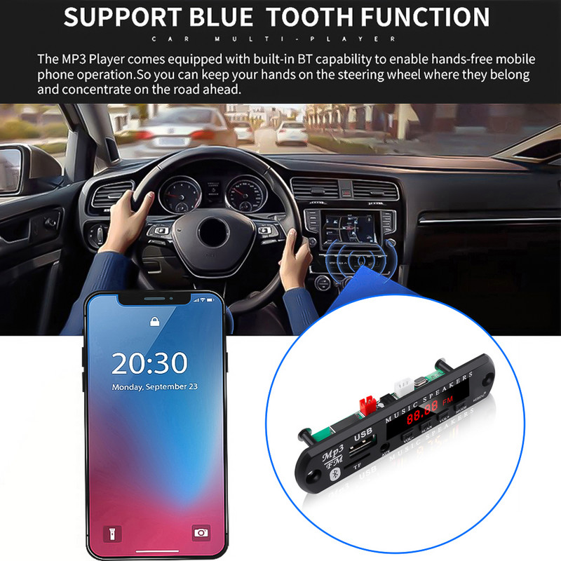 Kebidu Car MP3 Player Wireless Bluetooth 5.0 Modulul de placă de decodor Suport card TF/USB/FM Difuzor de muzică audio 7V 12V