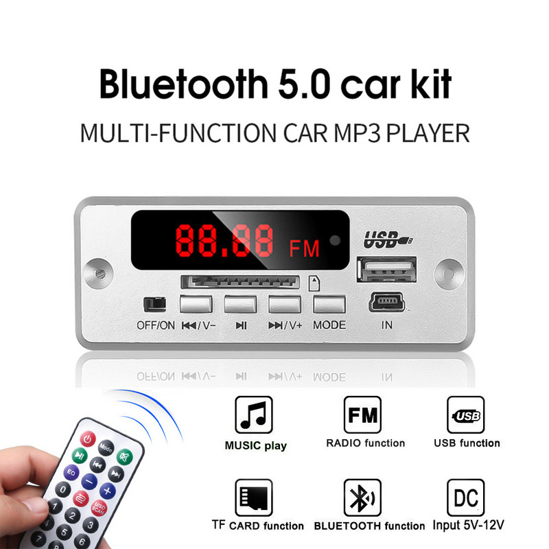 Kebidu 12V MP3 dekódoló tábla Bluetooth5.0 vezeték nélküli autós USB MP3 lejátszó TF kártya USB FM távoli dekódoló tábla autóhoz