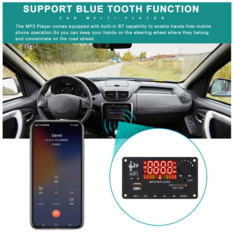 100 W stiprintuvas MP3 dekoderio plokštė Bluetooth5.0 automobilinis MP3 grotuvas USB įrašymo modulis FM AUX radijas, skirtas garsiakalbiui laisvų rankų įranga