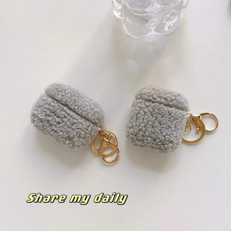 Mieli vienspalviai pliušiniai pliušiniai pūkuoti kailiniai ausinių dėklai, skirti Airpods 1 2 Pro 3 dangteliu su raktų pakabuku belaidžių ausinių įkrovimo dėžute