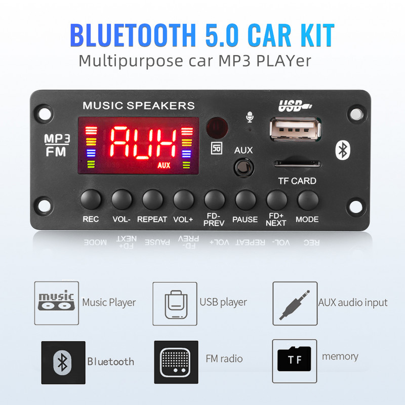 Bluetooth 5.0 ploča MP3 dekodera 2*25W 50W pojačalo DC 7V-15V MP3 player za automobil Podrška za FM radio modul FM TF USB AUX snimači