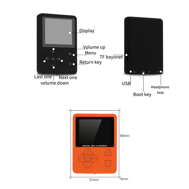 1 8 Ecran Player MP3 3 Port pentru căști de 5 mm Player MP4 Control butoane Radio FM Înregistrare audio Dispozitiv de redare a muzicii