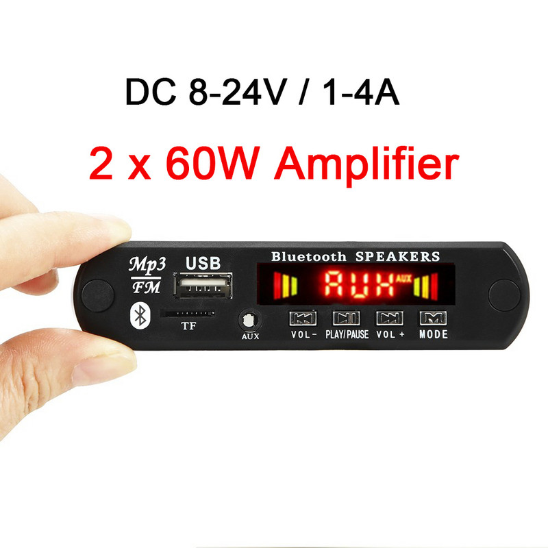 2*60W Bluetooth 5.0 MP3 dekodeerimisplaadi moodul juhtmevaba auto USB MP3 mängija TF kaardi pesa USB FM mikrofoniga Handsfree juhtimine
