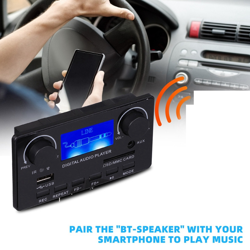 Bluetooth 5.0 MP3 dekodera plates atbalsts brīvroku ierakstīšanai FM DC 12V MP3 WMA WAV APE FLAC audio atskaņotājs automašīnai