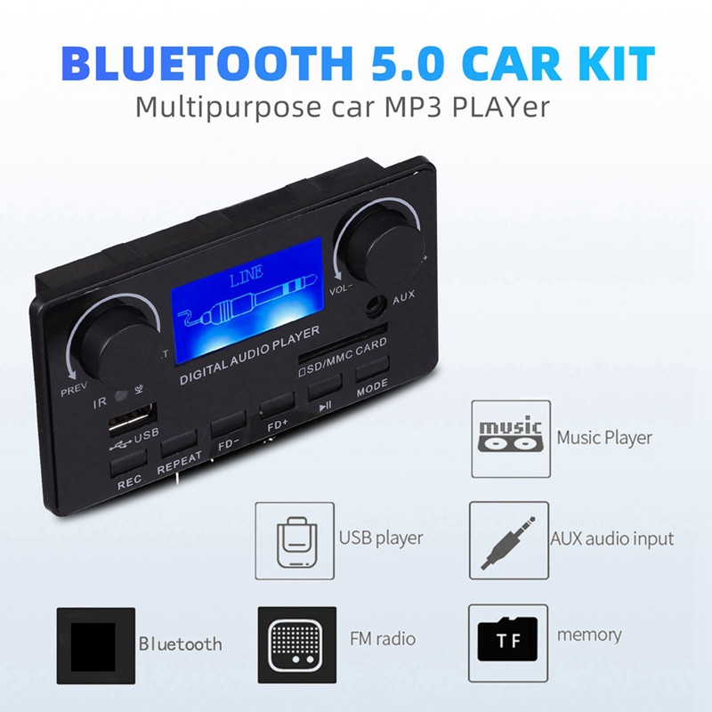 Bluetooth 5.0 MP3 dekodera plates atbalsts brīvroku ierakstīšanai FM DC 12V MP3 WMA WAV APE FLAC audio atskaņotājs automašīnai