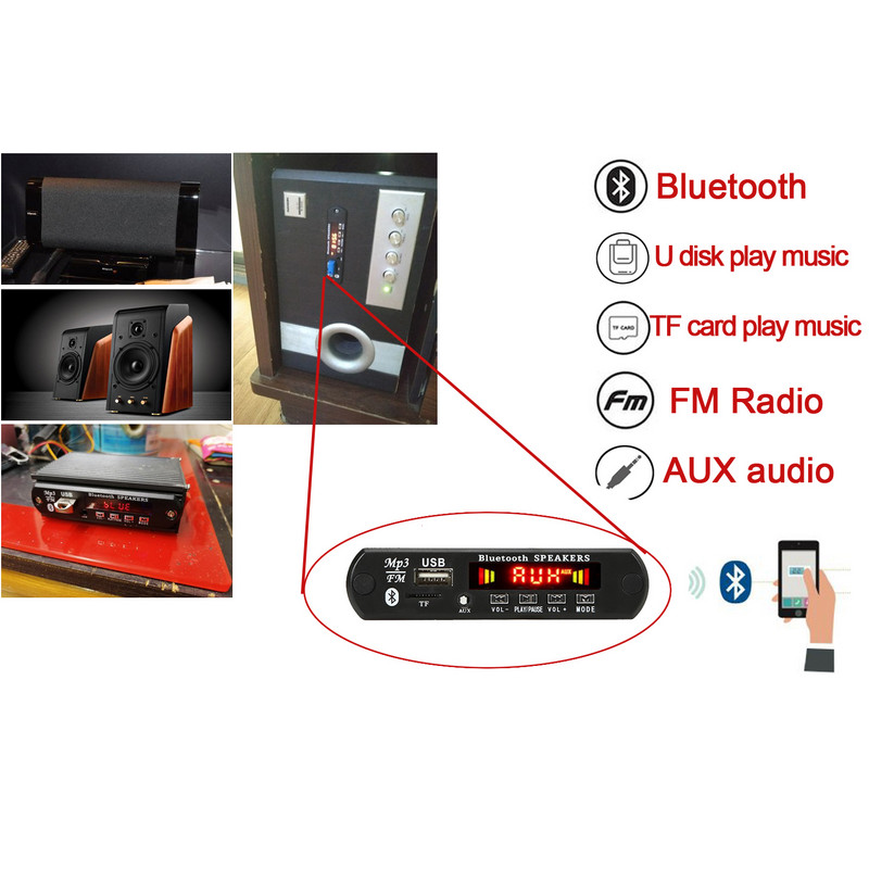 6 W pastiprinātājs MP3 atskaņotājs, dekodētājs, Bluetooth 5.0, automašīnas FM radio WMA WAV moduļa atbalsts.