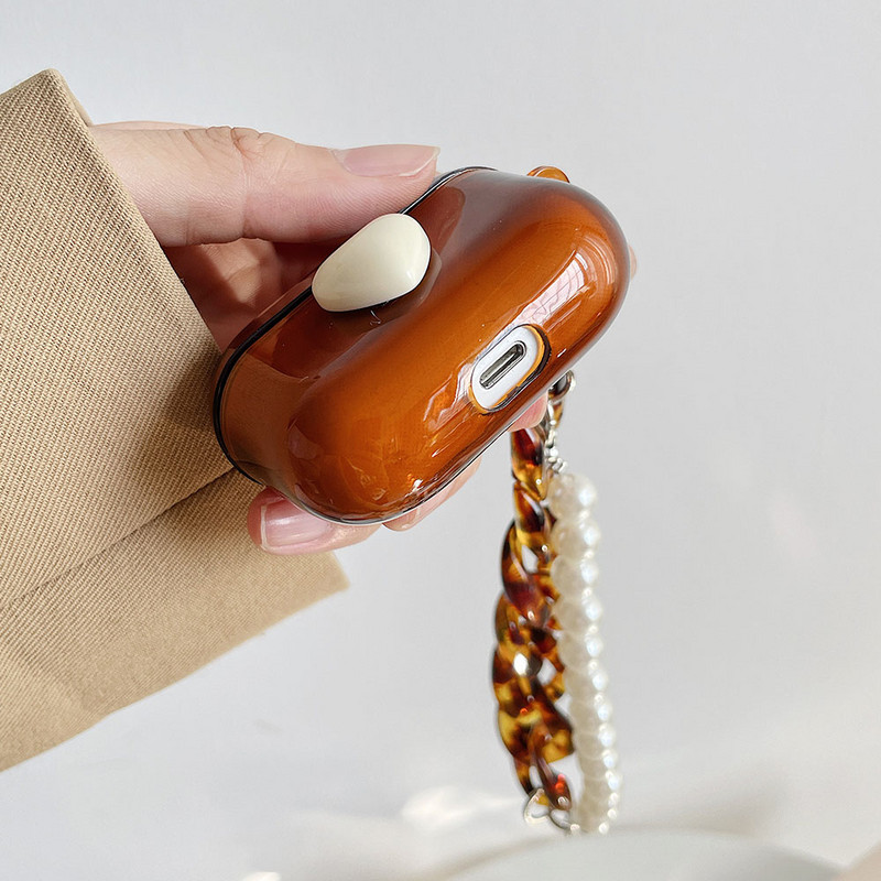 Husă de lux pentru căști pentru AirPods Pro 3, lanț de culoare retro chihlimbar, husă moale pentru căști pentru AirPods 2/1, husă cu breloc perlat