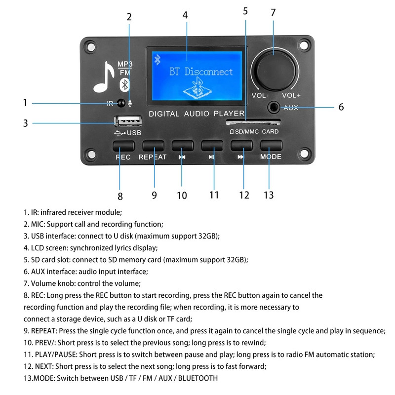JQ-D006BT 12V Bluetooth 5.0 dekoder ploča za snimanje poziva mp3 player WMA audio automobila USB TF USB FM radio modul s daljinskim upravljačem
