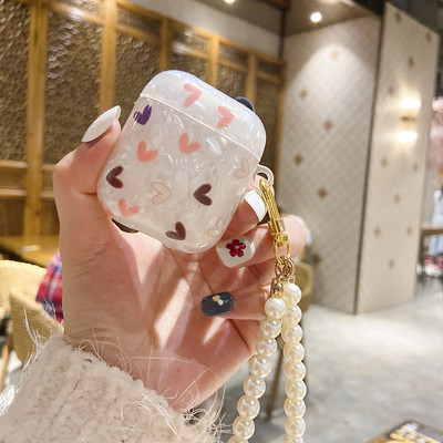 Mielas prabangus širdies apvalkalo modelio TPU ausinių dėklas, skirtas Apple Airpods 1 2 Pro 3 Box Bluetooth ausinių dangtelis Pearl raktų pakabukas