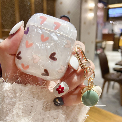 Mielas prabangus širdies apvalkalo modelio TPU ausinių dėklas, skirtas Apple Airpods 1 2 Pro 3 Box Bluetooth ausinių dangtelis Pearl raktų pakabukas