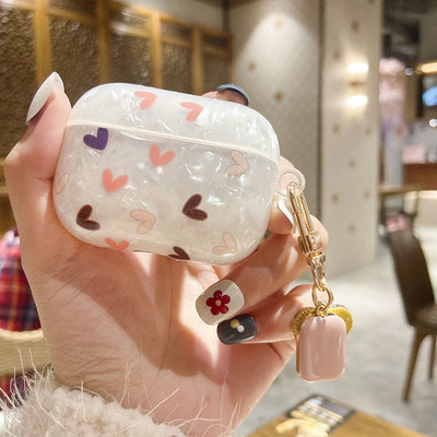 Mielas prabangus širdies apvalkalo modelio TPU ausinių dėklas, skirtas Apple Airpods 1 2 Pro 3 Box Bluetooth ausinių dangtelis Pearl raktų pakabukas