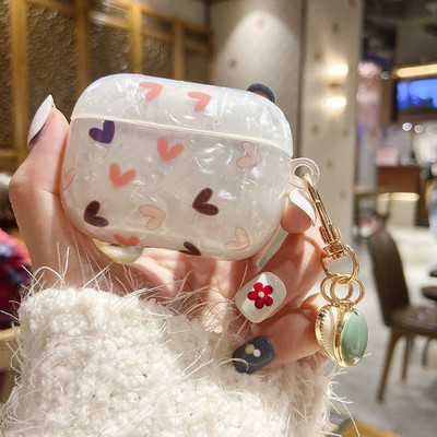 Mielas prabangus širdies apvalkalo modelio TPU ausinių dėklas, skirtas Apple Airpods 1 2 Pro 3 Box Bluetooth ausinių dangtelis Pearl raktų pakabukas