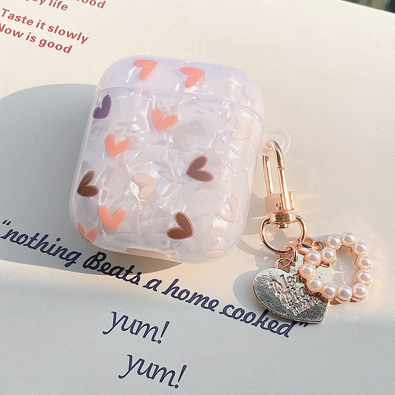 Mielas prabangus širdies apvalkalo modelio TPU ausinių dėklas, skirtas Apple Airpods 1 2 Pro 3 Box Bluetooth ausinių dangtelis Pearl raktų pakabukas