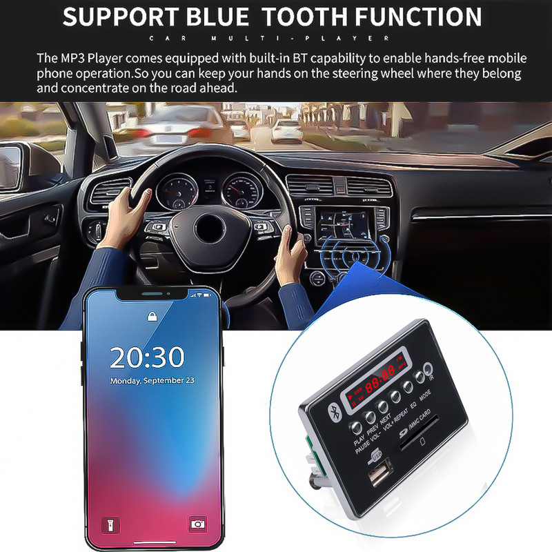 Bluetooth MP3 dekóder tábla Vezeték nélküli autós MP3 lejátszó felvevő modul FM rádió támogatás USB FM SD MMC Bluetooth távirányító