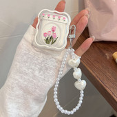 Husă coreeană pentru căști cu flori de epocă roz pentru Apple AirPods 2 3 Pro Husă moale pentru căști, ornamente pentru brățară cu perle pentru AirPod 2