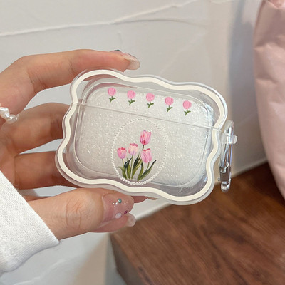 Husă coreeană pentru căști cu flori de epocă roz pentru Apple AirPods 2 3 Pro Husă moale pentru căști, ornamente pentru brățară cu perle pentru AirPod 2